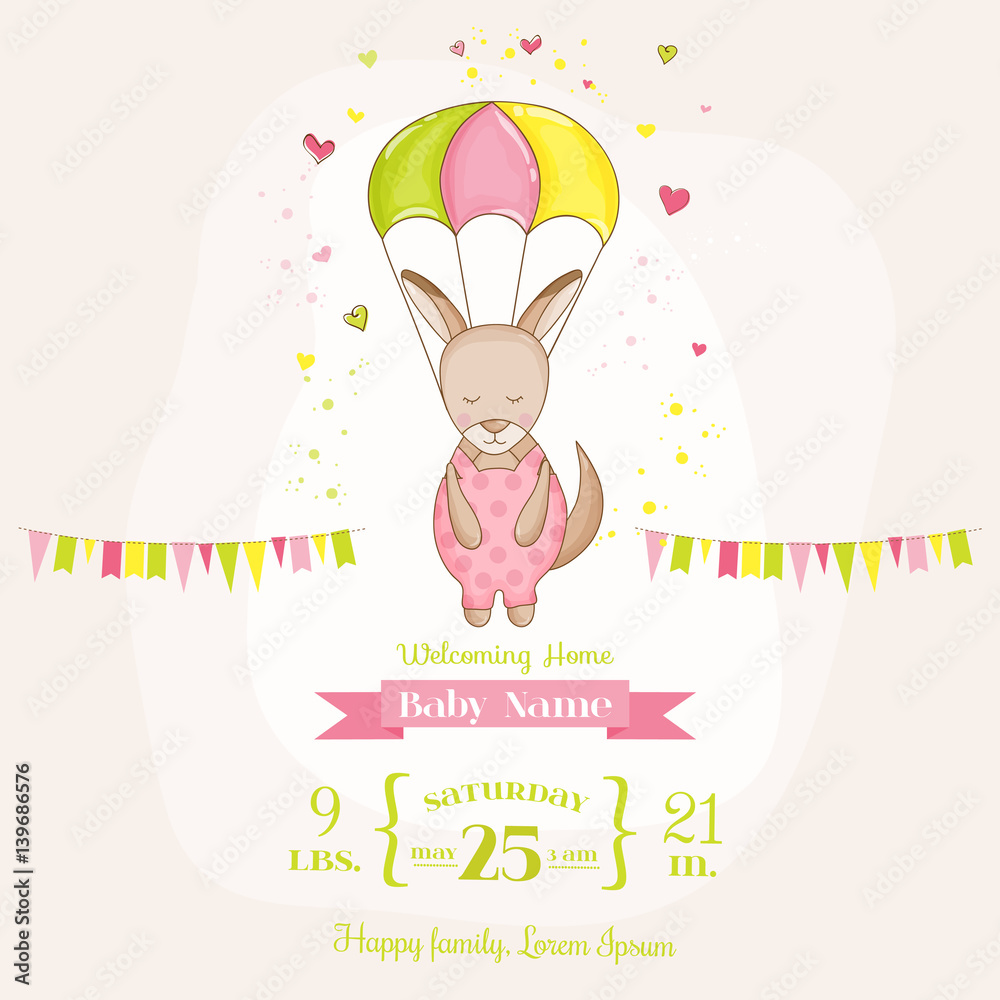 Baby Shower or Arrival Card - Baby Girl Kangaroo Flying with a Parachute - in vector Baby Shower or Arrival Card - Baby Girl Kangaroo Flying with a Parachute - in vector