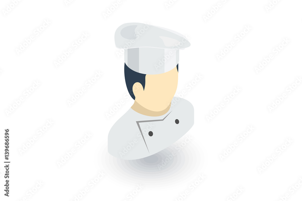 Avatar chef man, cook isometric flat icon. 3d vector colorful illustration. Pictogram isolated on white background Avatar chef man, cook isometric flat icon. 3d vector colorful illustration. Pictogram isolated on white background