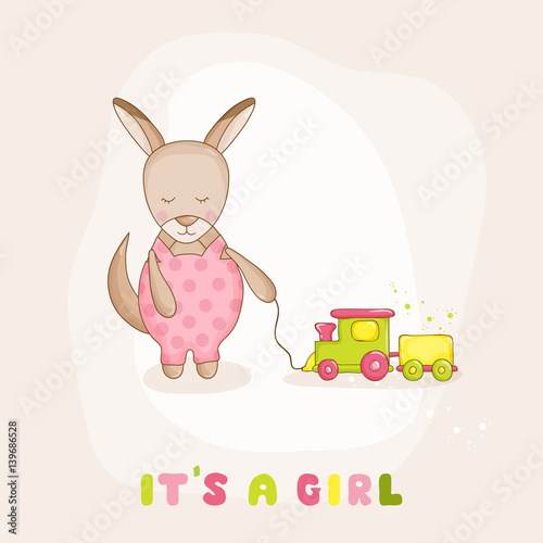 Baby Kangaroo with a Train - Baby Shower or Arrival Card - in vector