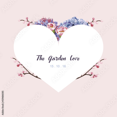 Purple and pink floral in garden invitation card, flower pattern and heart vector 