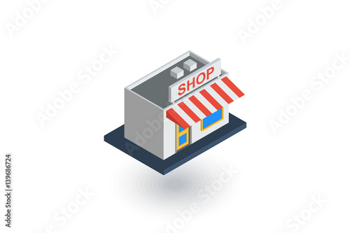 Shop building isometric flat icon. 3d vector colorful illustration. Pictogram isolated on white background