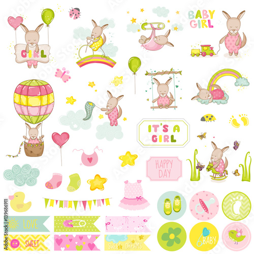 Baby Girl Kangaroo Scrapbook Set. Vector Scrapbooking, Decorative Elements, Tags, Labels, Stickers, Notes