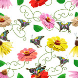 Seamless pattern of flowers and butterflies