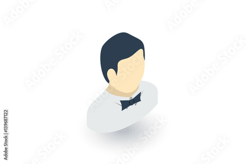 waiter avatar, man whith bow tie isometric flat icon. 3d vector colorful illustration. Pictogram isolated on white background