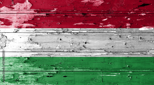 Fényképezés Hungary flag on wood texture background with old paint peels