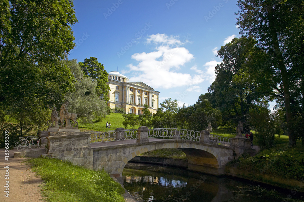 Bridge in front of the Grand Palace in the Park of Pavlovsk south of St. Petersburg, Russian Federation