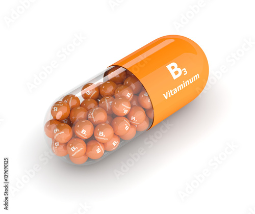 3d render of vitamin B3 pill over white photo