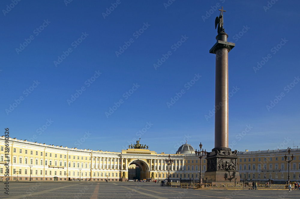 Palace square with the Alexander column and general staff building in Saint Petersburg, Russian Federation