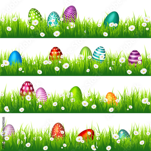 Easter egg on the green grass. Seasonal holidays in April.Flowers.Banner.