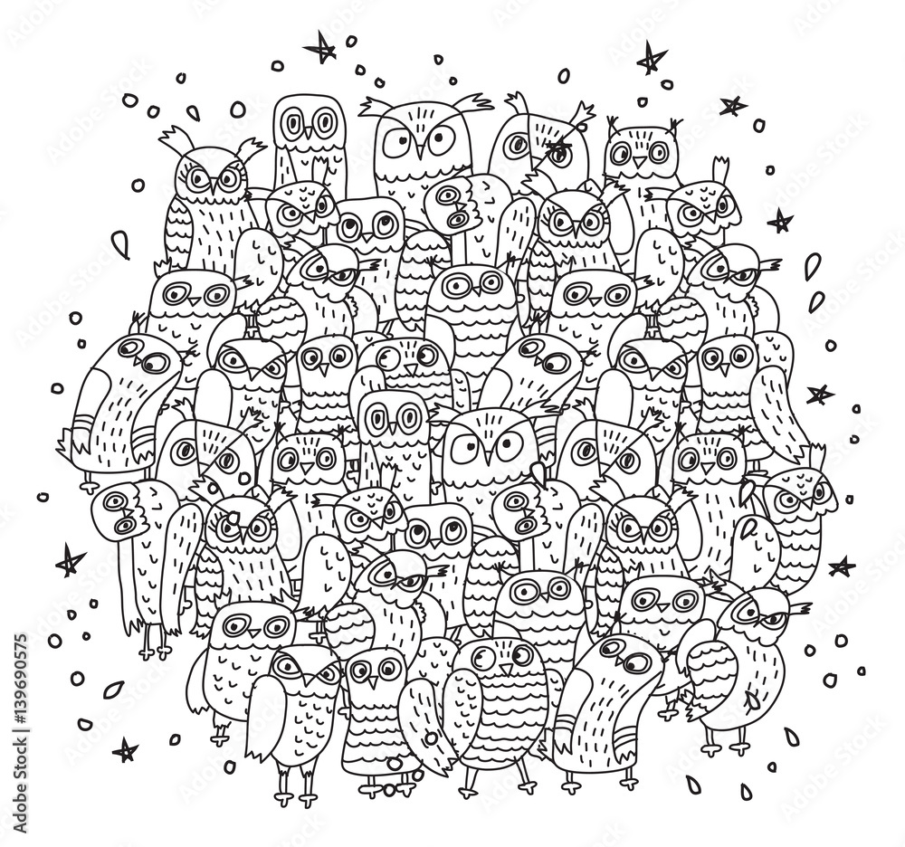 Doodles birds group black and white owls