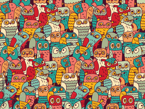 Funny owls birds group color seamless pattern