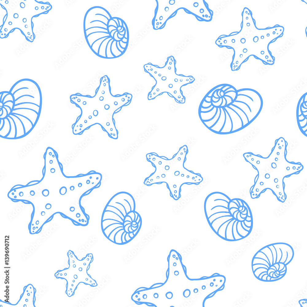 Vector seamless pattern with hand drawn seashells. Beautiful marine design elements, perfect for prints and patterns.