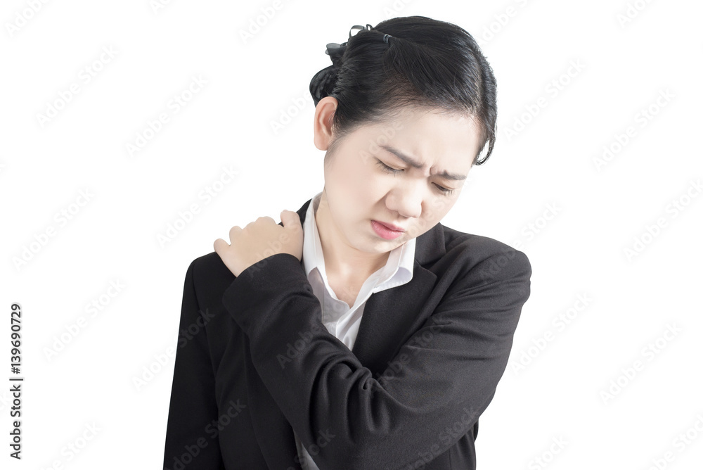 Painful shoulder in a woman isolated on white background. Clipping path on white background. Painful shoulder in a woman isolated on white background. Clipping path on white background.