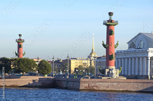 Rostra column pillars Strelka before the stock exchange and Admiralty in St. Petersburg, Russian Federation