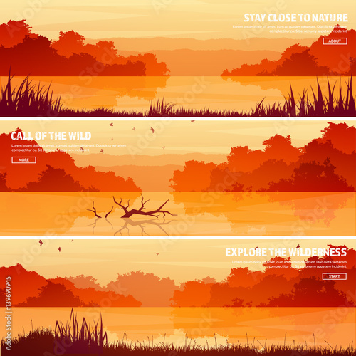 Mountains with forest and lake, river. Trees. Horizon line. Vector landscape.Panorama. Travel and adventure.Nature.Wood. Wildlife. Pine tree.