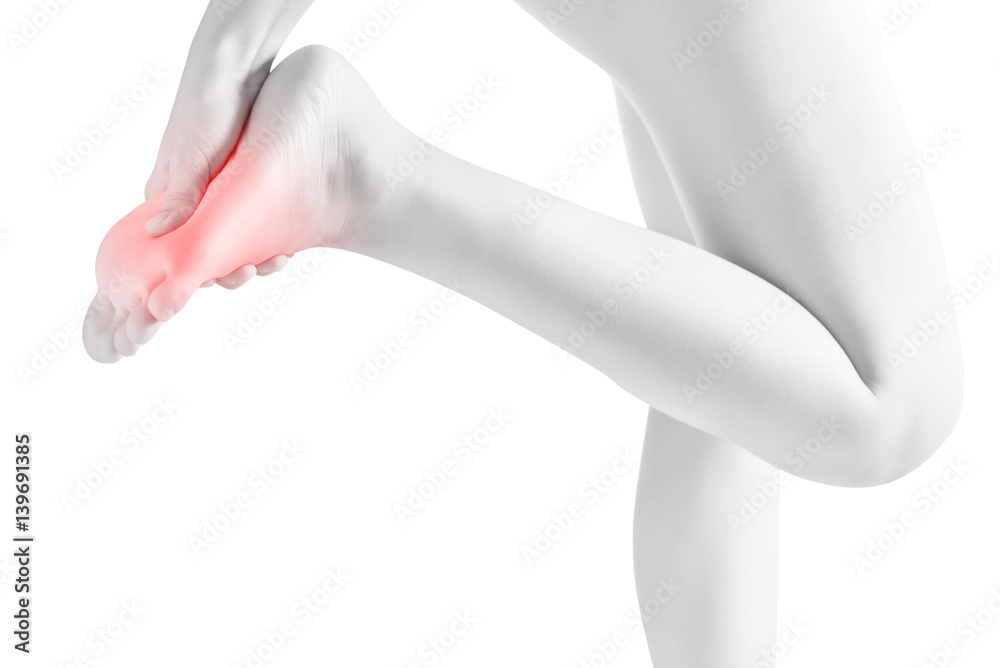 Acute pain in a woman feet isolated on white background. Clipping path on white background.