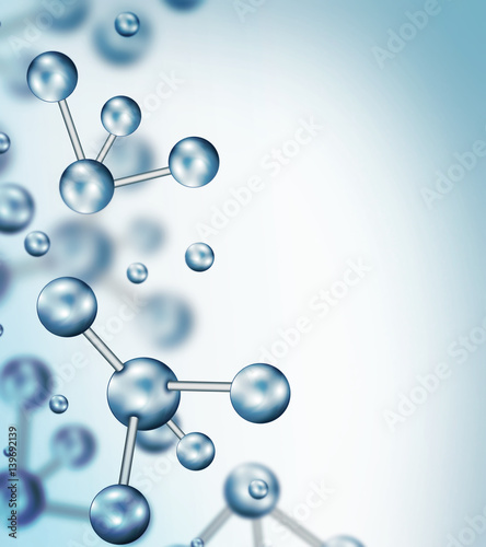 Abstract molecules design. Atoms. Medical background for banner or flyer. Molecular structure with blue spherical particles.
