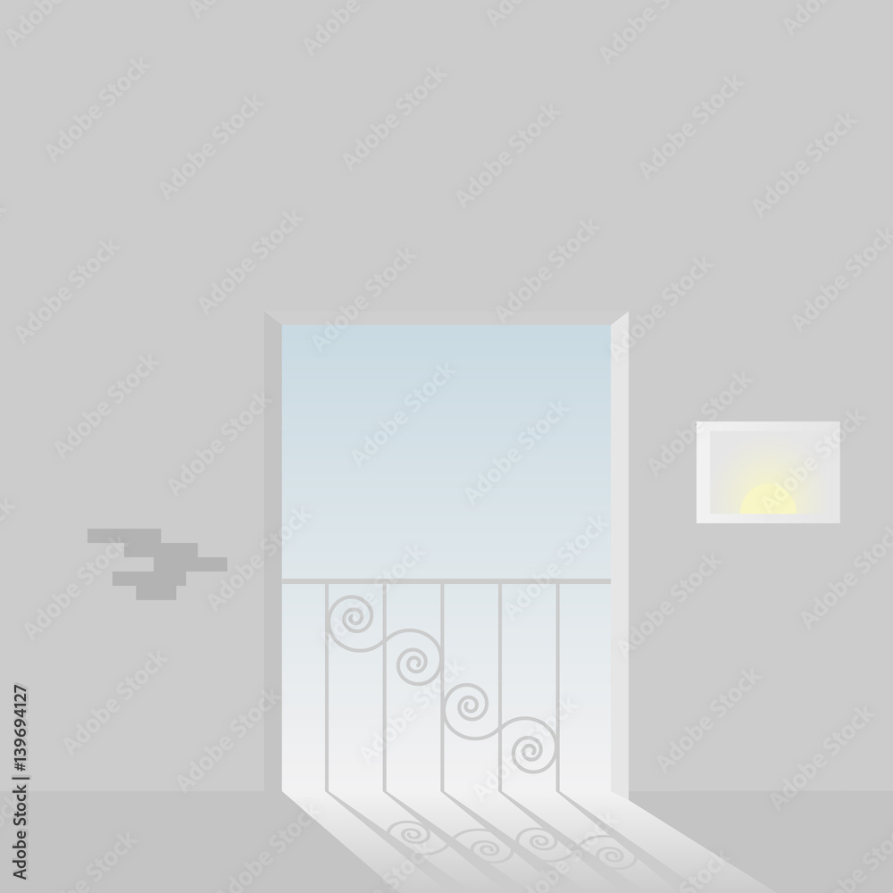 Room with balcony and open window . Room with balcony and open window .
