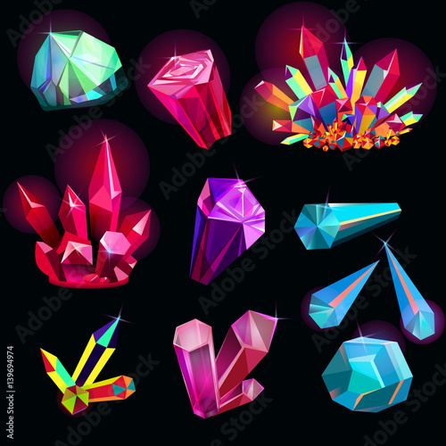 set of isolated bright sparkle precious stones for app user interface, cards, web, illustrations; transparent crystals, gems, rock, natural nuggets; dragon treasure set for fantasy game assets