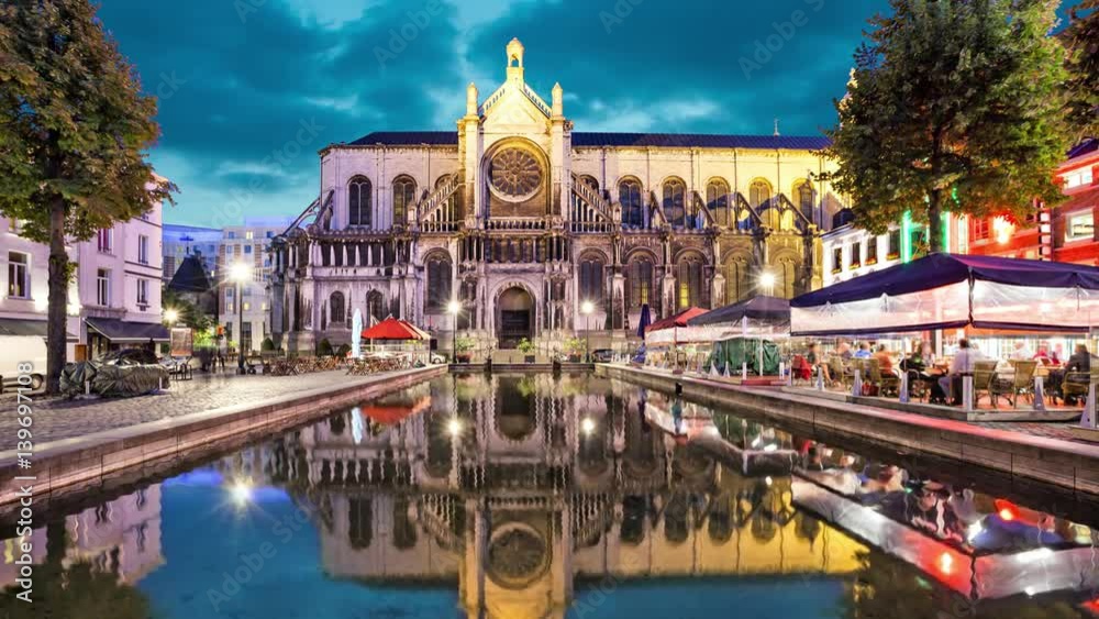 Cathedral of Sainte Catherine in Brussels, Belgium (static image with animated sky and water)
