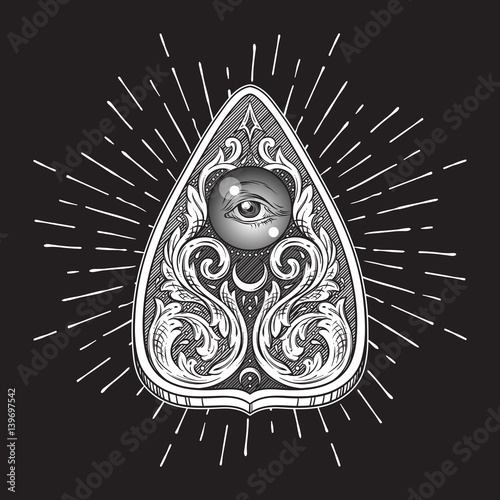 Hand drawn ornate art ouija board mystifying oracle planchette isolated. Antique style boho chic sticker, tattoo or print design vector illustration