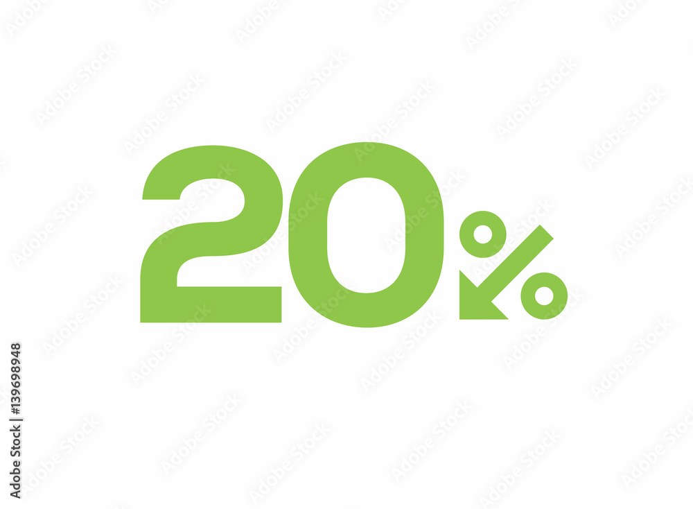 Vector green 20% text designed with an arrow percent icon isolated on white background. For spring sale campaigns. 