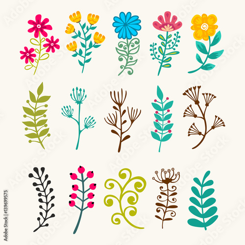 Vector floral elements in doodle style - flowers and leaves. Summer flowers for greeting cards, wedding designs or invitations.