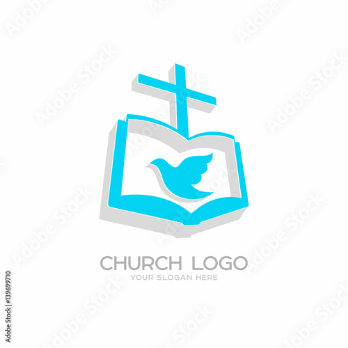 Church logo. Christian symbols. The gospel, the cross of Jesus Christ and the dove - the Holy Spirit.