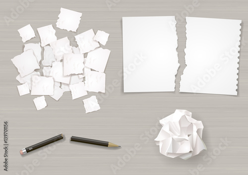 Set of different crumpled and torn sheets of paper. Broken pencil. Vector graphics.