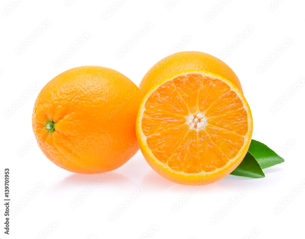 Orange fruit with slice and leaves Orange fruit with slice and leaves