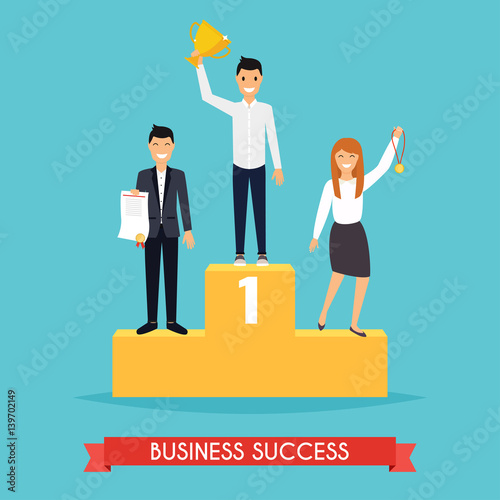 Businessman and businesswoman character standing in a podium holding up a trophy as he celebrates his victory.