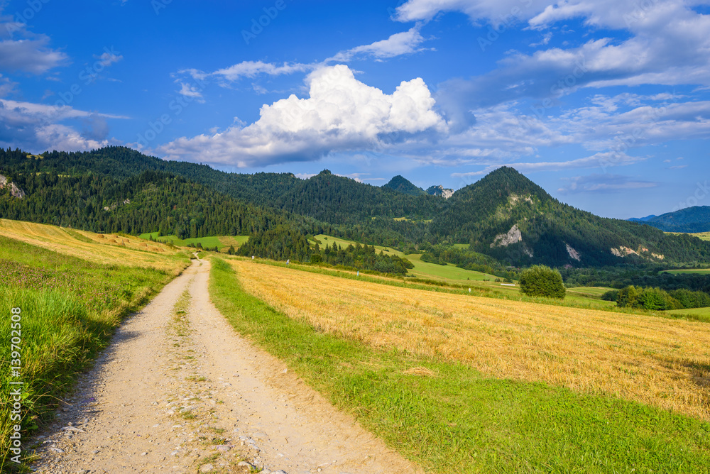 Idyllic rural scenery with fields in the environment of mountains and clouds on the blue sky. Pieniny National Park. Malopolska, Poland. Idyllic rural scenery with fields in the environment of mountains and clouds on the blue sky. Pieniny National Park. Malopolska, Poland.