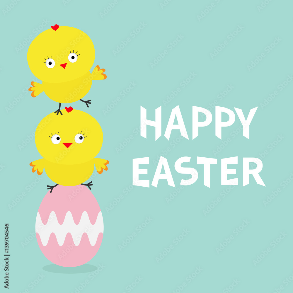 Two baby chick bird friends sitting on painting pink egg. Happy Easter Chicken pyramid family set. Farm animal. Cute cartoon funny character. Greeting card. Blue background. Flat design. Two baby chick bird friends sitting on painting pink egg. Happy Easter Chicken pyramid family set. Farm animal. Cute cartoon funny character. Greeting card. Blue background. Flat design.