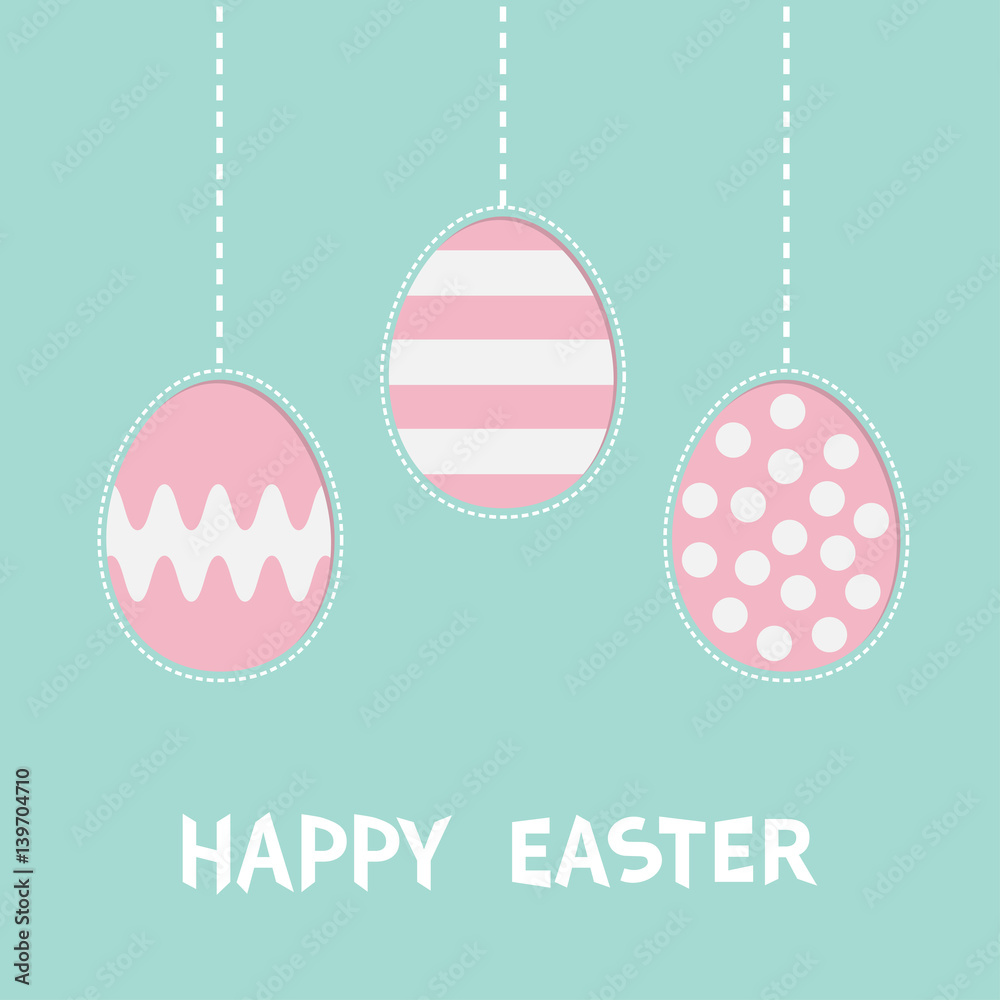 Three painting egg shell. Happy Easter text. Hanging painted egg set. Pink color with dot, stripe, zigzag pattern. Dash line. Greeting card. Flat design style. Cute decoration element.