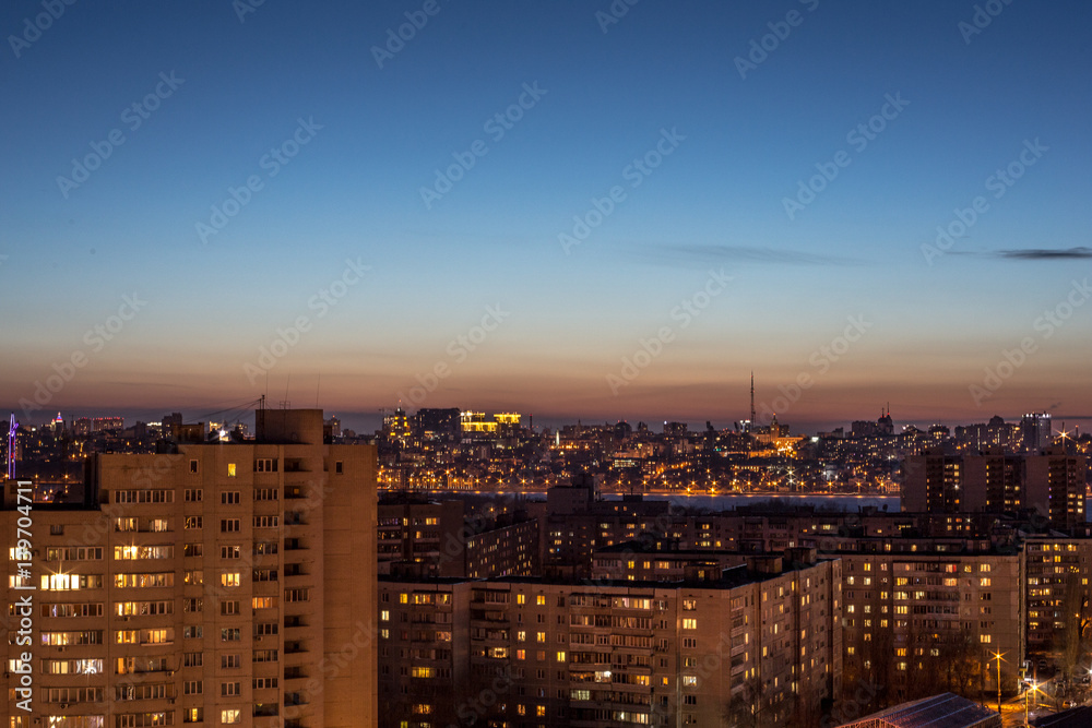 Night aerial cityscape view to urban modern apartment buildings in Voronezh 