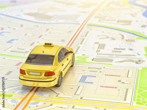 Ordering taxi online internet service, transportation and travel concept, yellow taxi car on city map