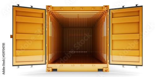Freight transportation and shipping concept, front view of open empty cargo container with open doors, isolated on white background