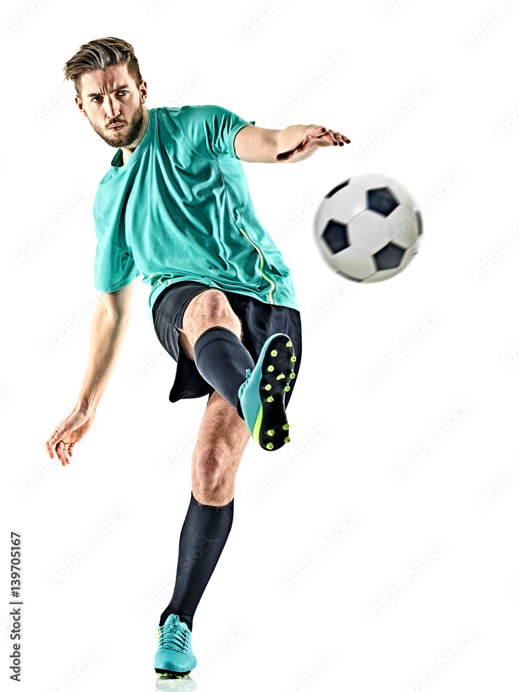 Fototapeta premium one caucasian soccer player man isolated on white background