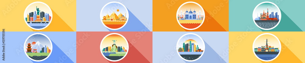Vector horizontal icon circle flat style architecture buildings town city country travel Moscow Russian capital France, Paris, Japan, India, Egypt, pyramids, China, Brazil, USA