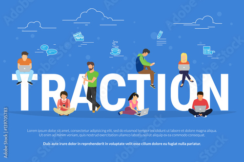 Foto Usability traction concept illustration of young men and women using devices such as laptop, smartphone, tablets