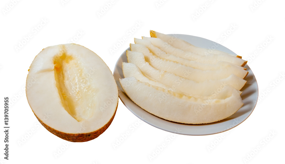Slices of ripe melon on white plate isolated on white background Slices of ripe melon on white plate isolated on white background