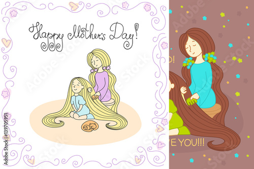 Mother's day card. Mother with daughter. Vector line illustration with lettering. Happy mother's day card. Redhead mom and daughter. Mother combing daughter's hair. Sleeping cat and kitten
