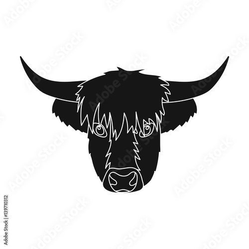 Highland cattle head icon in black style isolated on white background. Scotland country symbol stock vector illustration.