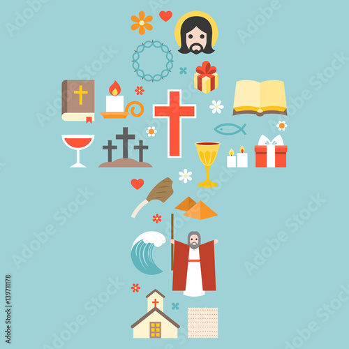 Moses, jesus, and christian icon arrange in cross shape for passover and easter