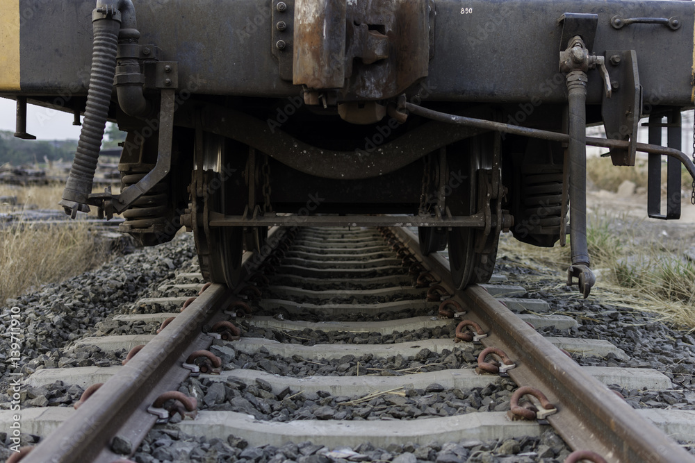 Industrial rail car wheels closeup photo ,train wheel