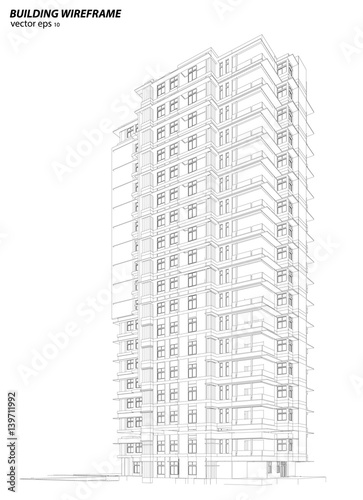 Perspective 3D render of building wireframe.