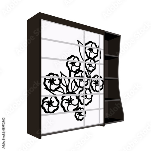 Black bedroom wardrobe with cells.Wardrobe with a beautiful rose on the door.Bedroom furniture single icon in cartoon style vector symbol stock illustration.