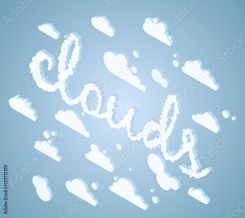 Isometric white clouds with cloudy text effect, vector illustration