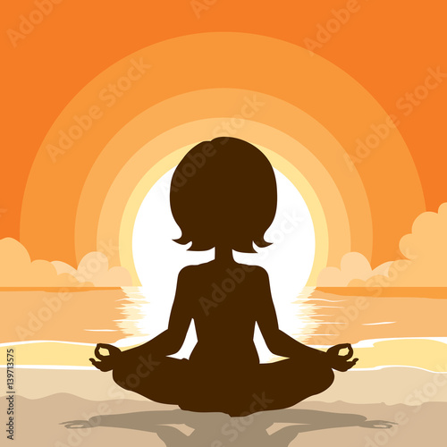 Illustration of woman silhouette doing yoga on beach sunset background
