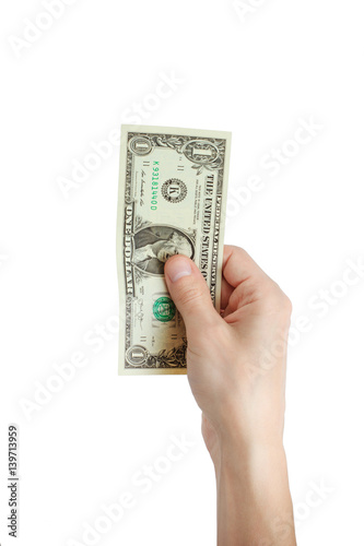 men hand holding one dollar isolated on white background